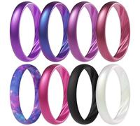 ThunderFit Silicone Ring Wedding Bands for Women, Elegant Wavy Grooves, 4mm Wide, 1.6mm Thick, Breathable, Women's Rubber Engagement Rings, 8-Pack (O-U), 5.5 - 6 (16.50mm), Silicone, No Gemstone