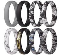 ThunderFit Silicone Ring Wedding Bands for Women, Elegant Wavy Grooves, 4mm Wide, 1.6mm Thick, Breathable, Women's Rubber Engagement Rings, 8-Pack (O-U), 5.5 - 6 (16.50mm), Silicone, No Gemstone
