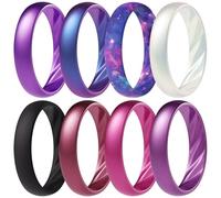 ThunderFit Silicone Ring Wedding Bands for Women, Elegant Wavy Grooves, 4mm Wide, 1.6mm Thick, Breathable, Women's Rubber Engagement Rings, 8-Pack (O-U), 3.5 - 4 (14.90mm), Silicone, No Gemstone