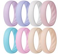 ThunderFit Silicone Ring Wedding Bands for Women, Promise Rings with Elegant Wavy Grooves, 6mm Wide, 2mm Thick, Breathable, Women's Rubber Engagement Rings, Variety Multipack 1-4-8, 6.5 - 7 (17.35mm