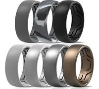 ThunderFit Silicone Rings for Men - 7 Rings, Breathable Patterned Design Wedding Bands 8mm Wide, 2.5mm Thick, Grey Camo, Black, Dark Grey, Silver, 7.5, 8 (18.2mm)