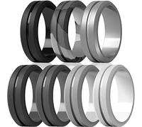 ThunderFit Silicone Wedding Rings for Men,7 Rings,4 Rings,1 Ring Brushed Top Middle Engraved Line Rubber Engagement Bands,8.2mm Width 2.5mm Thickness, 15.5,16 (23.47mm), Silicone,Silver, No Gemstone