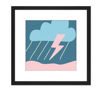 Thunderstorm Cloud Lightning Rainy Sky Blue Pink Simple Boho Style Painting Square Wooden Framed Wall Art Print Picture 8X8 Inch Artery8 Black One Size