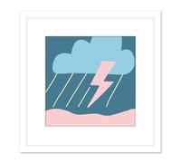Thunderstorm Cloud Lightning Rainy Sky Blue Pink Simple Boho Style Painting Square Wooden Framed Wall Art Print Picture 8X8 Inch Artery8 White One Size