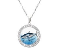 Thunnus Bluefin Tuna Necklace Personalized Picture Personalized Circle Chain Necklace Dog Tag Pendant 20 Inch Round Necklaces with Memorial Photos Jewelry, One Size, Titanium Steel, Rhinestone