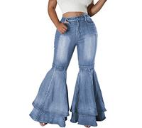 ThusFar Bell Bottom Jeans High Waisted Pleated Layered Ruffle Hem Flared Wide Leg Denim Pants 70s Outfits for Women, Light Blue, XXXL