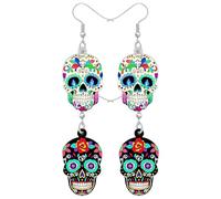 THXFUNAREA 2 Pairs Acrylic Halloween Sugar Skull Earrings Halloween Skeleton Earrings Dangle Drop Floral Skull Candy Jewellery Gifts for Women Girls Spooky Season Charms Decorations