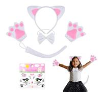 THXFUNAREA Cat Costume Set White Pink - Cat Ears Headband Bow Tie Gloves Tail & Cat Face Sticker, Cat Costume Accessories Women's Carnival Fancy Dress Halloween Cosplay Party
