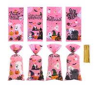 THXFUNAREA Pack of 50 Candy Bags for Halloween, Pink Halloween Opp Candy Bags, Holiday Candy Bags, Halloween Goodie Bags for Trick or Treat, Snacks, Biscuits, Chocolate