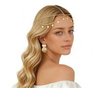 THXFUNAREA Women's Gold Head Chain with Matching Sequin Earrings, Fortune teller Headpiece Set in Boho Style, Multi-Row Metal Forehead Chain for Weddings, Balls, Festivals and Carnival