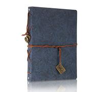 ThxMadam Vintage Notebook A5 Blue Leather Cover Writing Notebook loose leaf Travel Journal Diary Refillable Sketchbook with 200 Kraft Pages/100 Sheets and 1 PVC Zipper Pocket Gift for Man Boy Student