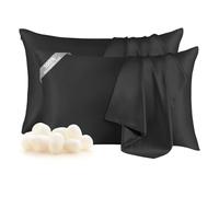 THXSILK Set of 2 Pure Mulberry Silk Pillowcases for Hair and Skin - Allergen Resistant Dual Sides, 19 Momme Silk Bed Pillow Cases with Hidden Zipper, Standard Size Silk Pillowcase(20"x26"), Black
