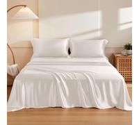 THXSILK Silk Sheet Set 4 Pcs, 6 Top Grade 100% Natural Mulberry Silk Bed Sheets, Luxury Bedding Sets, Ultra Soft Durable, 1 Fitted Sheet, 1 Flat Sheet and 2 Pillow Shams (Queen, Cream White)
