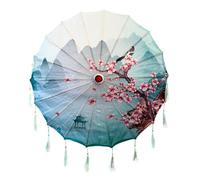 THY COLLECTIBLES Classic Chinese Art Asian Style 33" Silk Parasol Umbrella with Tassels for Wedding Parties, Photography, Costumes, Cosplay, Decoration And Other Events, Mountains and Cherry Blossoms