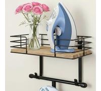 THYGIFTREE Ironing Board Hanger Wall Mount with Storage, Wooden Basket & Removable Hook, Carbonized Black, 12.6 x 6.09 x 2.6 inches, Ironing, Laundry, Organization, Indoor Use