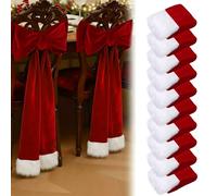 Thyle 10 Pcs Christmas Luxury Red Velvet Chair Sashes 6 x 108 Inch Large Bows Chair Cover with White Fluff Decoration for Xmas Wedding Event Holiday Banquet Party