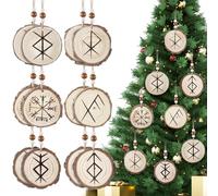 Thyle 12 Pcs Rune Chain Prosperity, Good Luck, Love, Protection Sign Viking Rune Yule Decorations Christmas Wood Hanging Ornaments Norse Pagan Tree Decor Natural Wood Gift