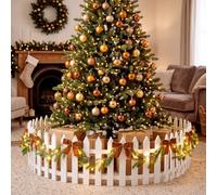 Thyle 14 Pcs 16'' Christmas Tree Fence with Lights, Brown Bow, Garland | White Picket Gate Set Xmas Tree Fence for Pets Holiday Tree Barrier Decoration for Indoor Use