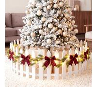 Thyle 14 Pcs 16'' Christmas Tree Fence with Lights, White Picket Gate Set | with Green Garland and Plaid Bows, Xmas Tree Fence for Pets Holiday Tree Barrier Decoration for Indoor Use