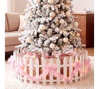 Thyle 14 Pcs Christmas Tree Fence, 16" H White Plastic Picket Fence | with Pink Bows, Garland & LED Lights, PET Barrier for Dogs & Cats, Indoor Holiday Decor for 3-4.5 ft Trees