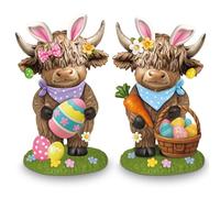 Thyle 2 Pcs Easter Highland Cow Figurines Spring Easter Egg Bunny Gnomes Rabbit Scottish Resin Statue Calf Lovers Gifts for Home Garden Kitchen Office Tiered Tray Table Decor