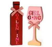Thyle 2 Pcs Galentines Day Decorations Happy Galentines Table Wooden Stand Centerpiece Bow Wine Glass Girl Gang Bottle Shaped Signs Tiered Tray Decor Bestie Photo Prop for Ladies Party