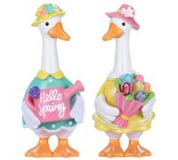 Thyle 2 Pcs Spring Goose Figurines Resin Garden Decor with Watering Can Tulip Flowers, 5.91 Inch Farmhouse Spring Goose Ornaments for Table Mantel Shelf Easter Garden Home Decoration