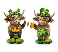 Thyle 2 Pcs St. Patrick's Day Shamrocks Highland Cow Figurines Irish Leprechaun Lucky Gnomes Scottish Resin Statue Calf Lovers Gifts for Home Garden Kitchen Office Tiered Tray Table Decor