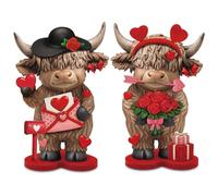 Thyle 2 Pcs Valentine's Day Highland Cow Resin Figurines, Cute Love Cow Statue with Roses and Heart Letter, Romantic Farmhouse Home Shelf Tabletop Decoration for Wedding Anniversary Couple Gift