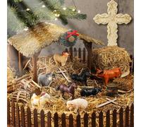 Thyle 20 Pcs Christmas Farm Miniature Kits Include Real Mini Hay Bales, Thatched Roof, Fence, Farm Animals, Natural Hay Bales & Tools Firewood Pile Cow for Christmas Farmhouse Village Scene