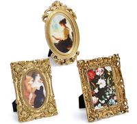 Thyle 3 Pcs Small Gold Vintage Picture Antique Resin Photo Frame Set Rectangle Ornate Antique Picture Frames for Art Tabletop Display Wall Hanging Home Decor(Classical)