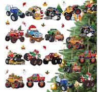 Thyle 36 Pcs Christmas Trucks Ornaments Wooden Monster Truck Ornaments for Christmas Tree Vehicle Wheel Truck Mighty Horsepower Pickup Decorative Hanging Decorations for Xmas Tree Birthday Party Decor