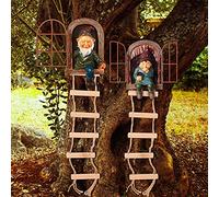Thyle 4 Pieces Garden Gnomes Outdoor Tree Hugger Gnome Fairy Statue Elf Out The Door Resin Figurine Hanging Ladder Decoration Tree Faces Decor Outdoor for Patio Yard Lawn