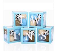 Thyle 5pcs Twins Balloon Boxes Clear Baby Shower Boxes with 10pcs Letters 40pcs Sage Green White Metallic Gold Balloons for Baby Shower Gender Reveal Party Decorations (Twins,Blue)