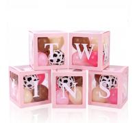 Thyle 5pcs Twins Balloon Boxes Clear Baby Shower Boxes with 10pcs Letters 40pcs Sage Green White Metallic Gold Balloons for Baby Shower Gender Reveal Party Decorations(Twins,Pink)