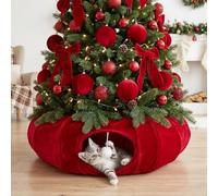 Thyle Christmas Cat Tunnel Bed Under Christmas Tree for Indoor Cats Xmas Pet Donut Tunnel with Cushion Foldable Round Pet Toy for Small Animals Kitten(2.4ft X 2.4ft X 11.8in,Burgundy,Velvet)