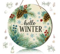 Thyle Hello Winter Sign 12'' Winter Front Door Decor Watercolor Blue Pine Branch and Pine Cone Pattern Door Hanger Sign Wooden Rustic Wreath Wall Hanging Decoration for Home Outdoor Porch Christmas