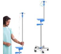 Thyle IV Pole with Wheels Tray Stand Portable 4 Hooks 5 Wheels IV Fluid Bag Stand Height Adjustable Stainless Steel Intravenous Pole with Hanging Net for Home Hospital Essential IV Practice Kit Supply