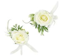 Thyonta 2PCS White Rose Corsage Wristlet Simulated Pearl Wrist Corsage Brooch Suitable for Prom Season, Weddings, Parties, Events