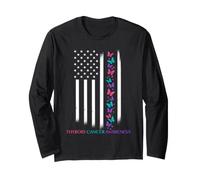Thyroid Cancer Awareness Warrior American Flag Butterflies Long Sleeve T-Shirt