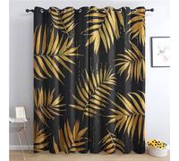 THYUNQ Black and Gold Leaf Curtains for Bedroom Living Room, Blackout Curtains 72 Drop - Thermal Insulated Eyelet Drapes, Patterned Window Treatments, 46x72 Inch (W X L), 2 Panels