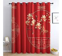 THYUNQ Red Chinese Floral Curtains for Bedroom Living Room, Blackout Curtains 72 Drop - Thermal Insulated Eyelet Drapes, Patterned Window Treatments, 66x72 Inch (W X L), 2 Panels