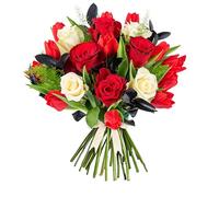Ti Amo - Fresh Flowers - Red and White roses, Black Ruscus, and Den Myers Asparagus - Valentines Flowers - Gifts for Her - Valentines Bouquet (Large)