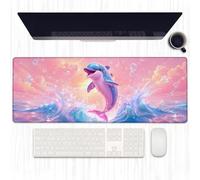 Ti Caldi Cute Dolphin Wave Mouse Pad with Stitched Edge,31.5x11.8x0.12 inches Large Desk Mat,Ocean Splash Design,Non Slip Rubber Base Mousepads,Watercolor Desktop Decor Gifts for Office Home