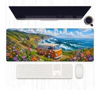 Ti Caldi Retro Van Coast Mouse Pad with Stitched Edge,31.5x11.8x0.12 inches Large Desk Mat,Sunlit Ocean Road Design,Non Slip Rubber Base Mousepads,Vintage Desktop Decor Gifts for Office Home