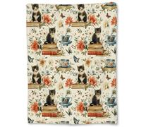 Ti Caldi Vintage Cat & Books Blanket, Soft Lightweight Flannel Throw for Couch, Bed, Travel, Living Room & Home Decor, Cozy Warm Fuzzy Blankets for Adults Women Men 50×40 in