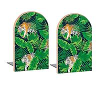 Ti-ger Green Leaves Jungle Book Ends Decorative Wood Bookends for Shelves Room Desk Home Office Book Stoppers for Magazines,Books, DVDs 2 Pieces