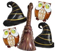 TiAaihion Halloween Party Balloons Set - 5 Pcs Large Witch Hat, Flying Broom | Owl Mylar Foil Balloons | Wizard Birthday Decorations Kit for Kids | Adults Spooky Celebrations