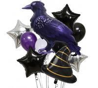 TiAaihion Magic Raven Balloon Set - 12PCS Wizard Fantasy Themed Party Decorations with Crow, Magic Witch Hat, Black and Silver Star Balloons for Halloween Birthday Gothic Witch Party Decor