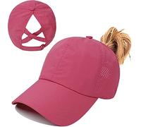 Tiakay Women's Criss Cross Ponytail Baseball Cap - High Messy Bun & Ponytail Hole, Quick-Drying Ponycap Breathable Mesh Adjustable Strap Summer Outdoor Sports Hat (Rose Red)
